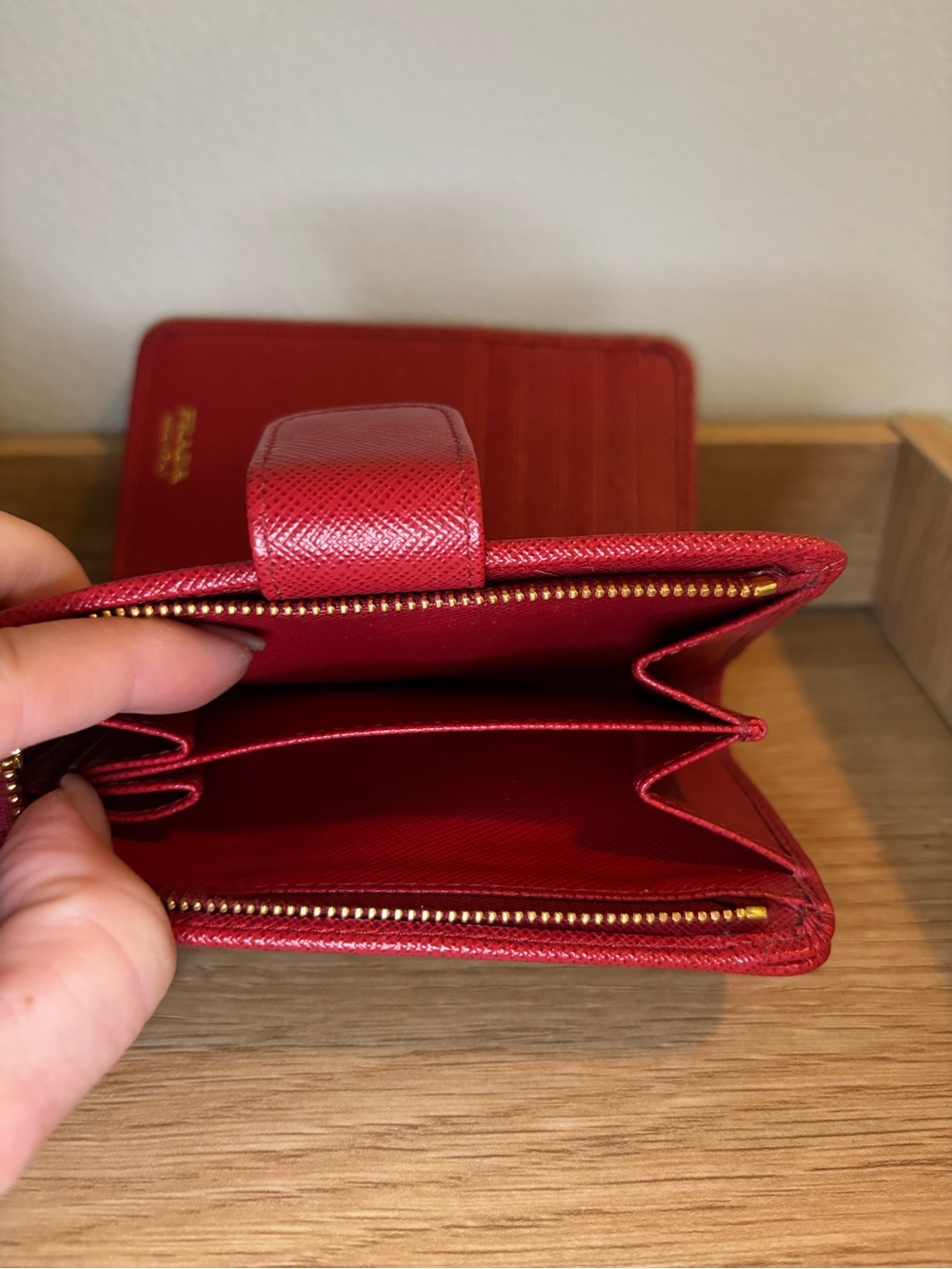 Prada Red Saffiano Compact Wallet with Gold Triangle Logo - Picture 10 of 11